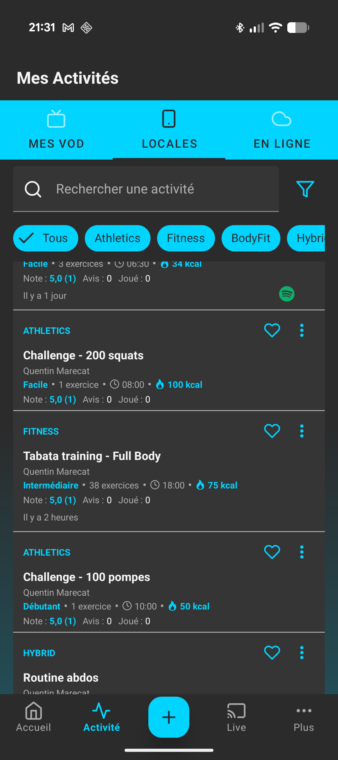 Liste d'activités sportives avec catégories dans LieX