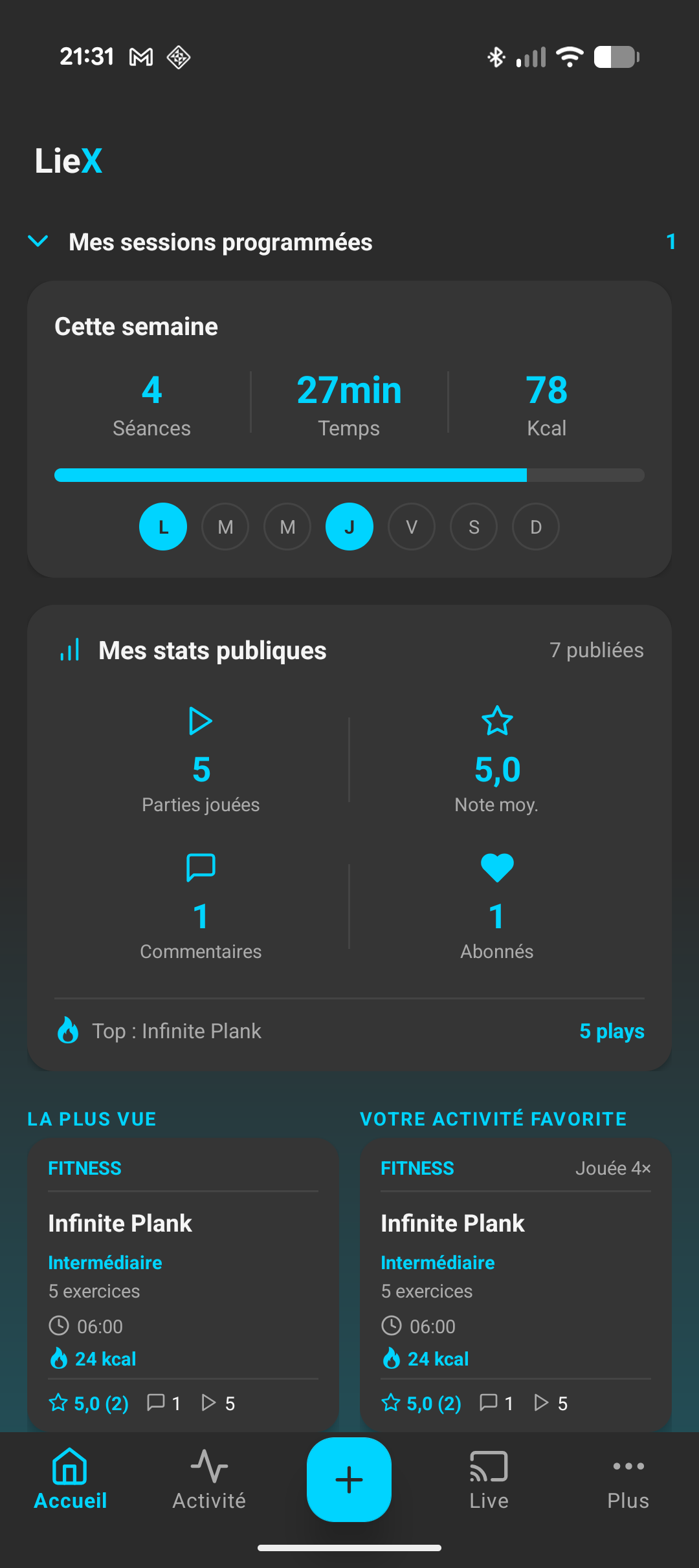 Page d'accueil LieX — suivi hebdomadaire, stats et activités
