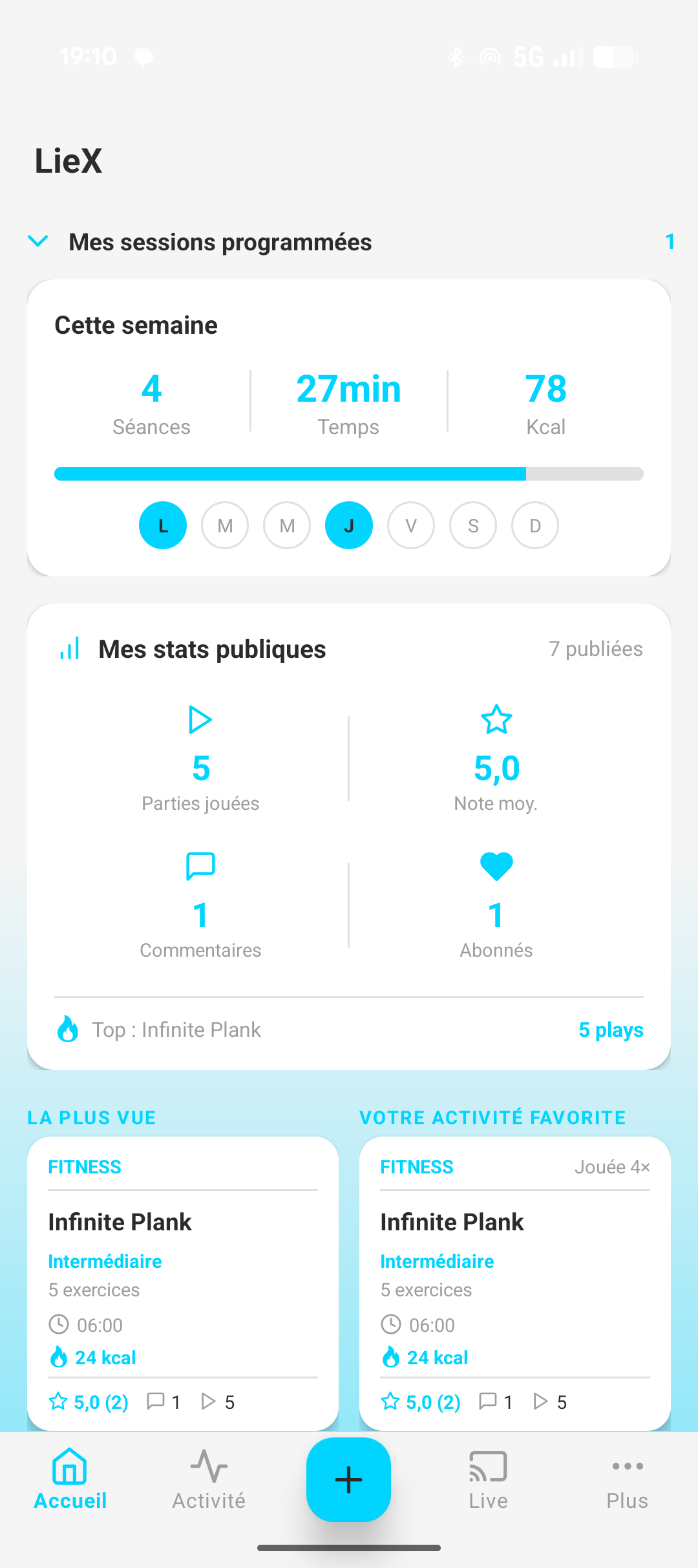 Page d'accueil LieX — suivi hebdomadaire, stats et activités